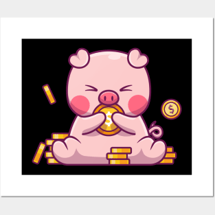 Cute pig with gold  coin Posters and Art